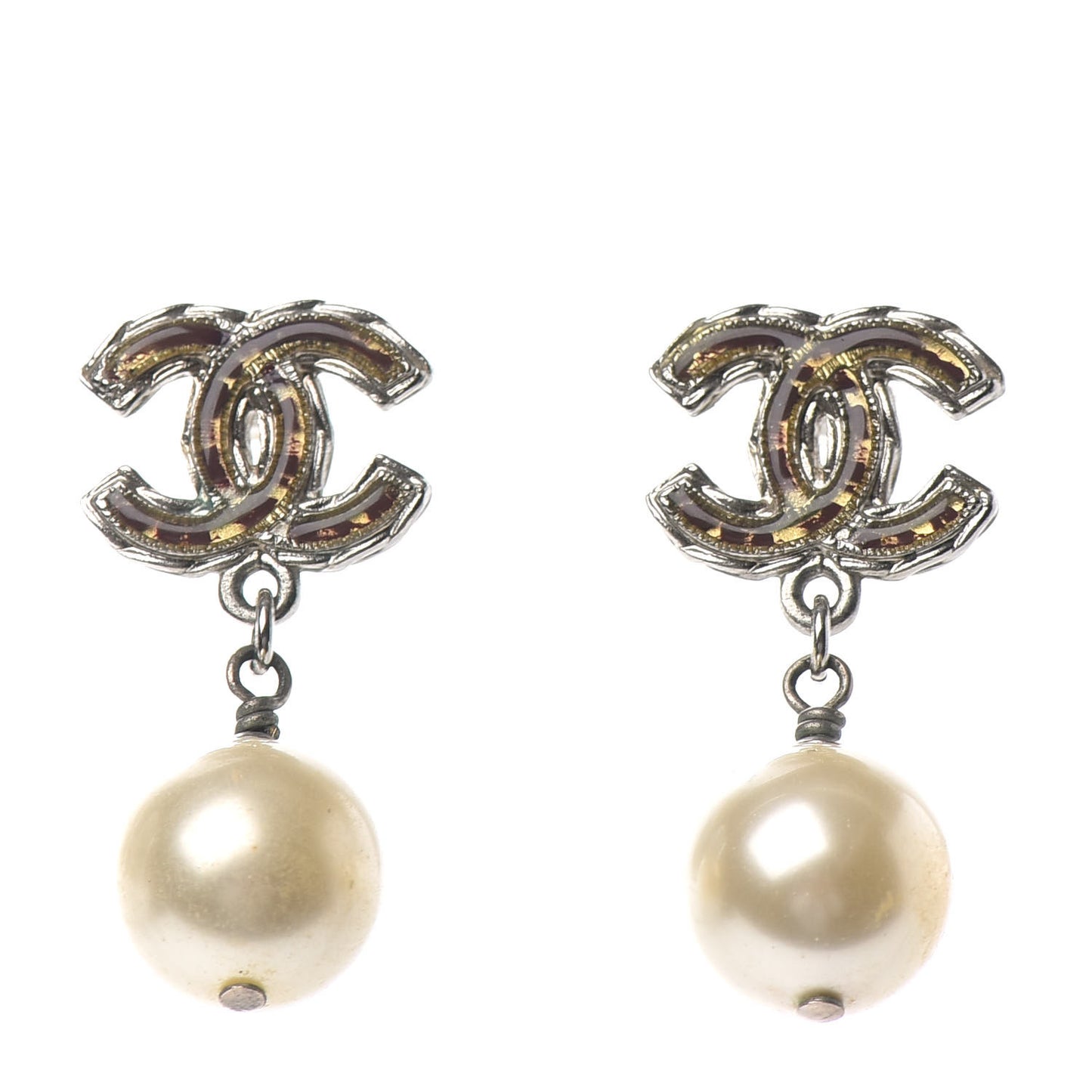 Pearl Enamel CC Drop Earrings Brown Gold