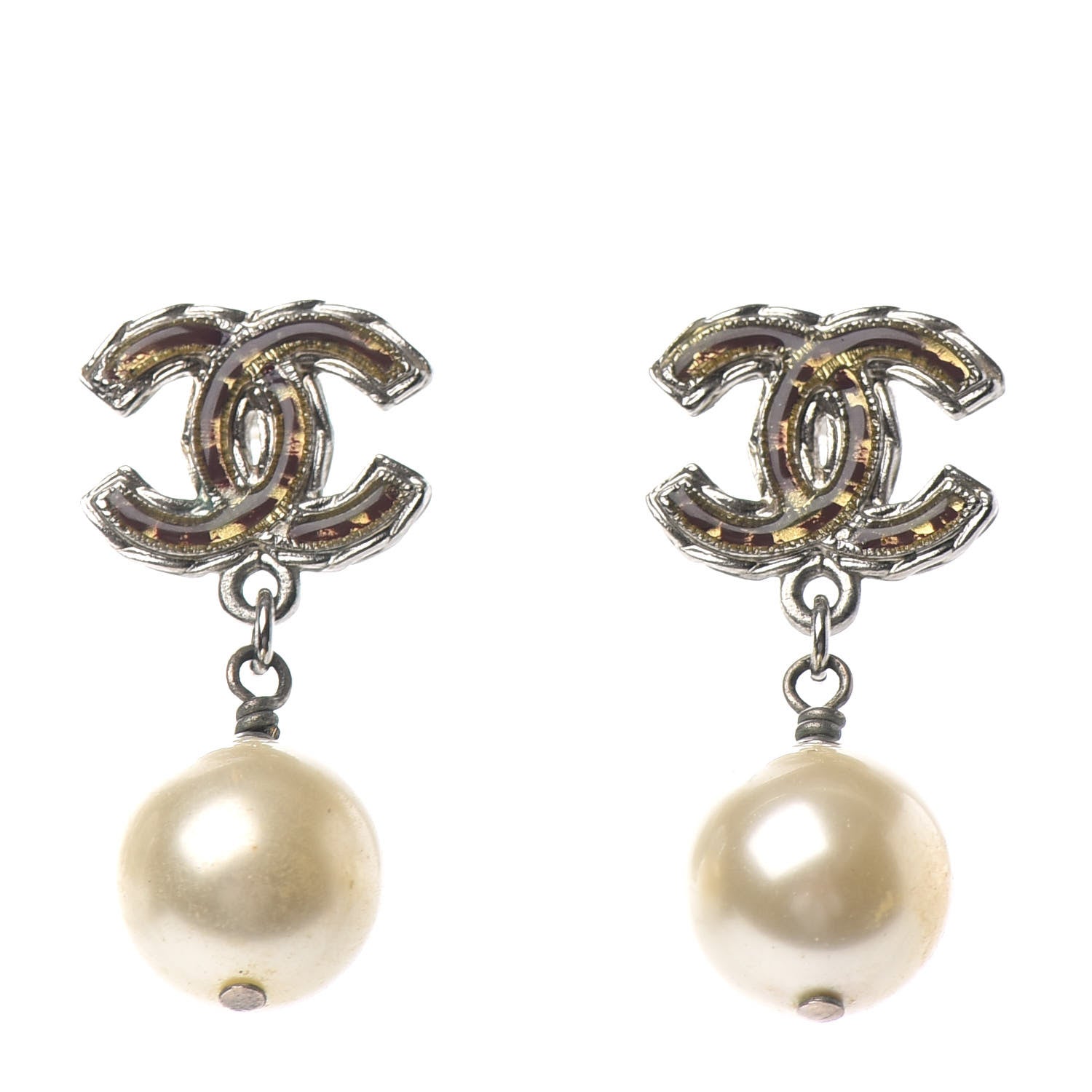 Chanel Pearl Enamel CC Drop Earrings Brown Gold 1 of 4