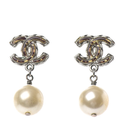Chanel Pearl Enamel CC Drop Earrings Brown Gold 1 of 4