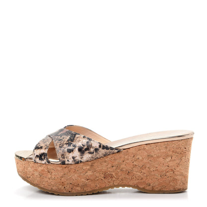 Jimmy Choo Snakeskin Prima Cork Wedge Sandals 37 Natural 1 of 10