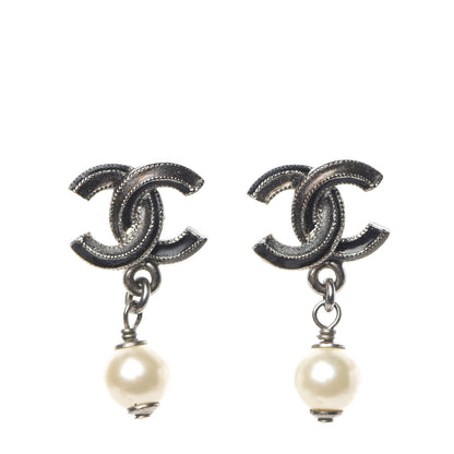 Chanel Pearl Enamel CC Drop Earrings Black 1 of 6