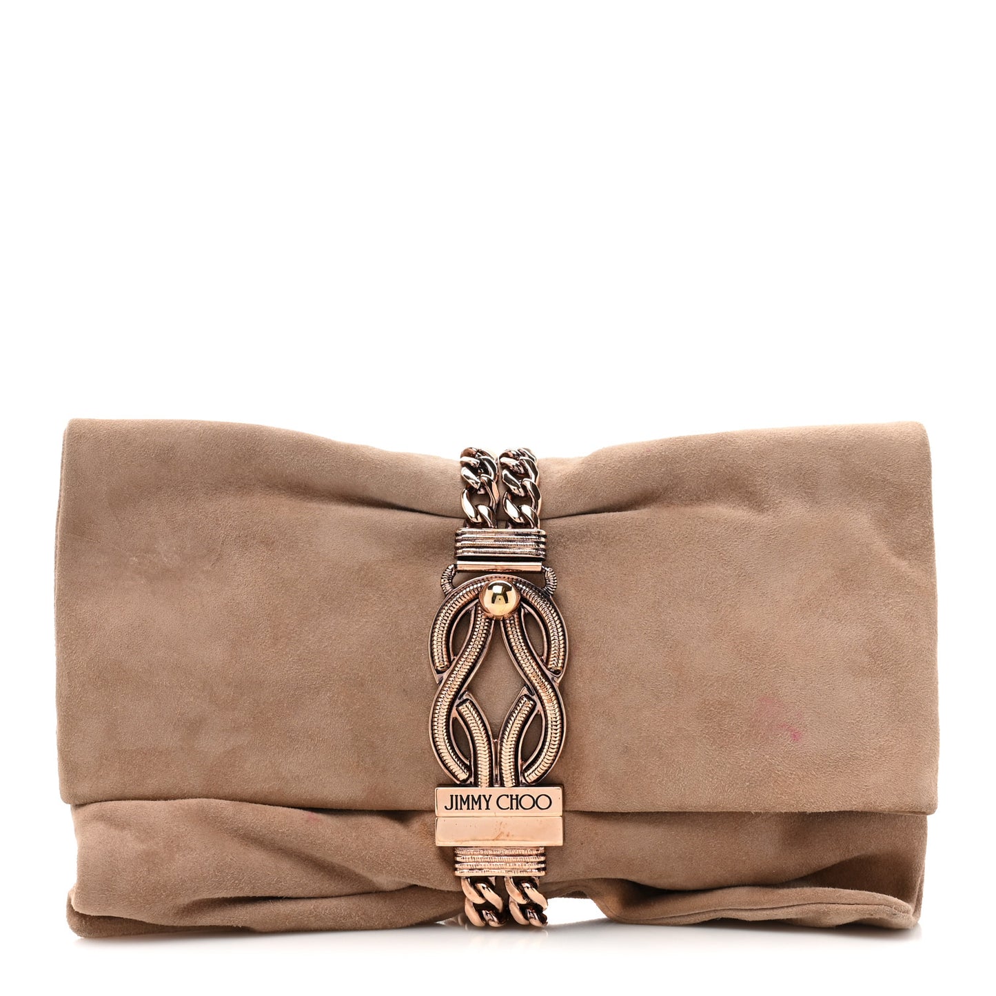 Suede Crystal Chandra Chain Clutch Beige