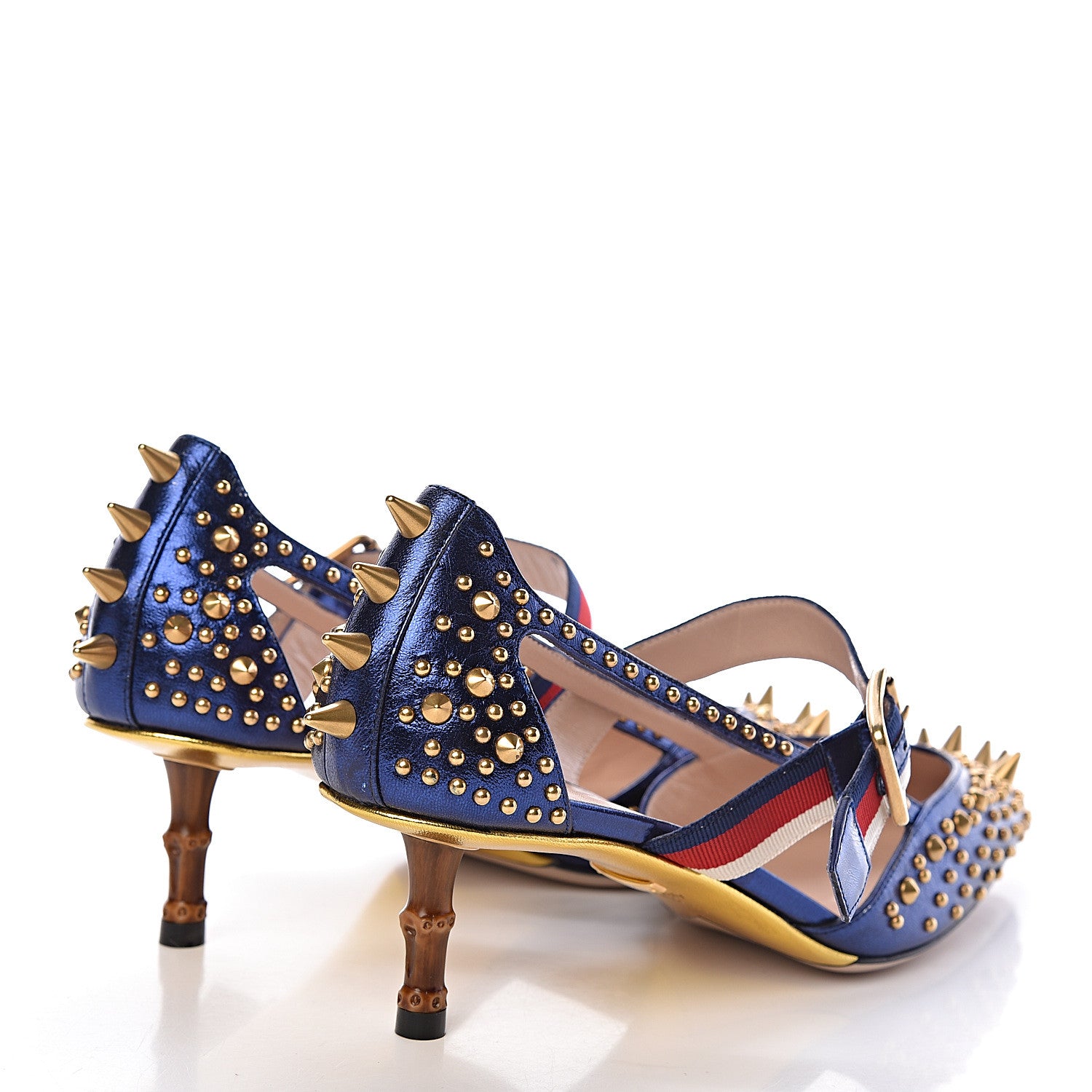 Gucci Metallic Nappa Silk Grosgrain Studded Sylvie Web Bamboo Low Heel Pumps 37.5 Sapphire 4 of 8