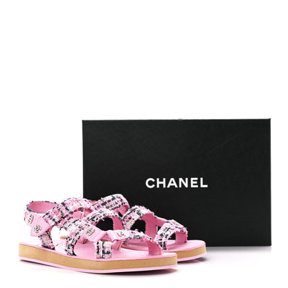 Chanel Tweed Lambskin Crystal CC Sandals 38 Pink Multicolor 8 of 8