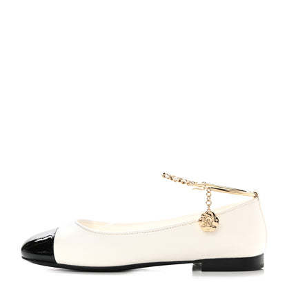 Chanel Lambskin Patent Calfskin Cap Toe Ankle Chain Ballerina Flats 36 White Black 1 of 9