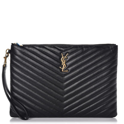 Saint Laurent Calfskin Matelasse Chevron Monogram Zip A4 Pouch Black 1 of 8