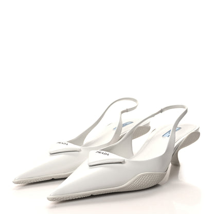 Prada Spazzolato Triangle Logo Pointed Toe 45mm Slingback Pumps 40.5 White 3 of 9