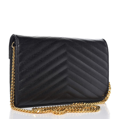 Saint Laurent Grain De Poudre Matelasse Chevron Monogram Chain Wallet Black 3 of 8