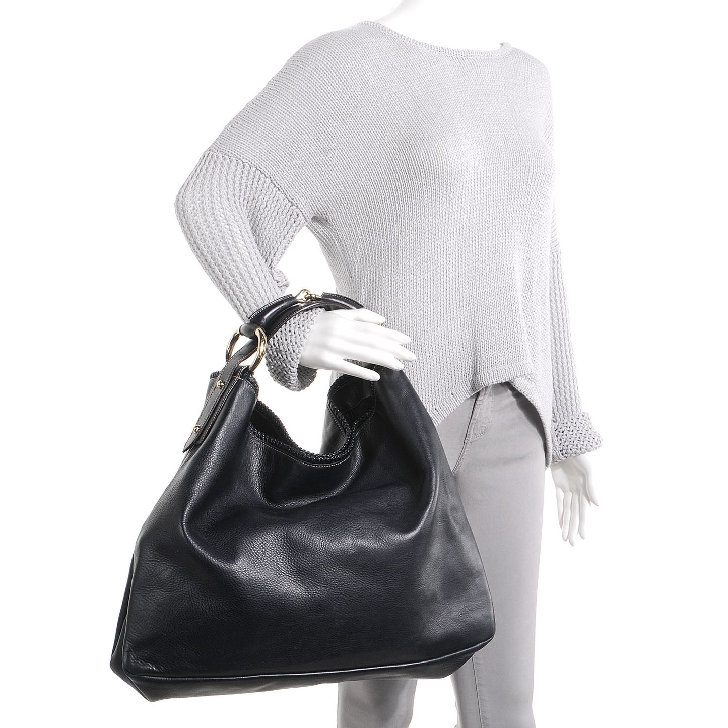 Leather Large Horsebit Chain Hobo Navy