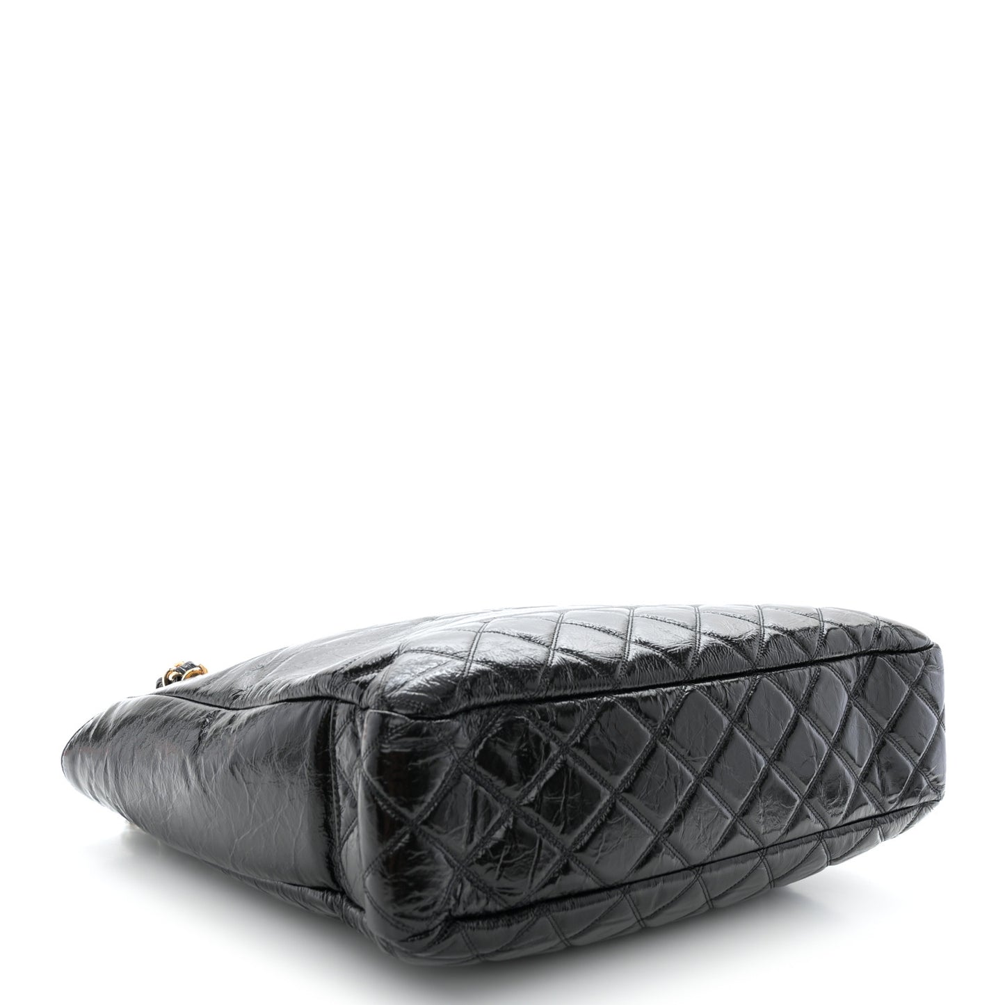 Shiny Aged Calfskin Quilted Small Shopping Bag Black