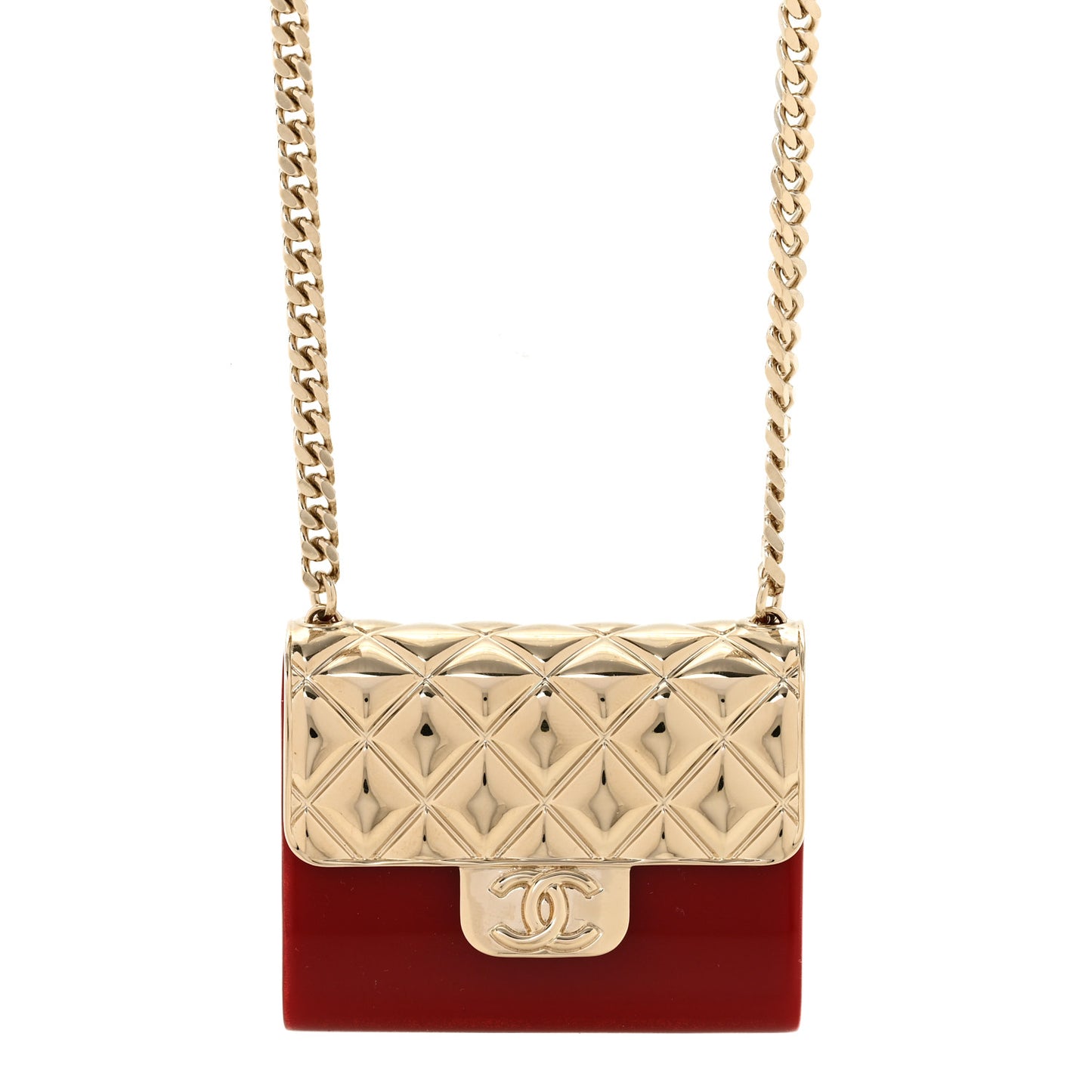 Metal Resin Lambskin Flap Bag Long Necklace Gold Red
