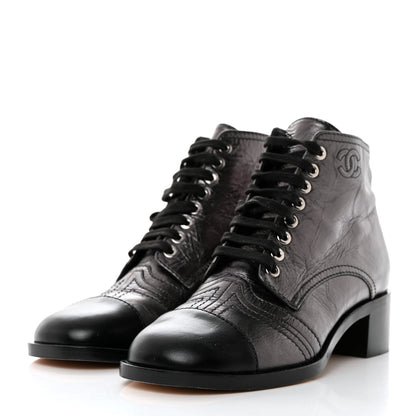 Chanel Crumpled Calfskin CC Lace Up Boots 37 Grey Black 3 of 9