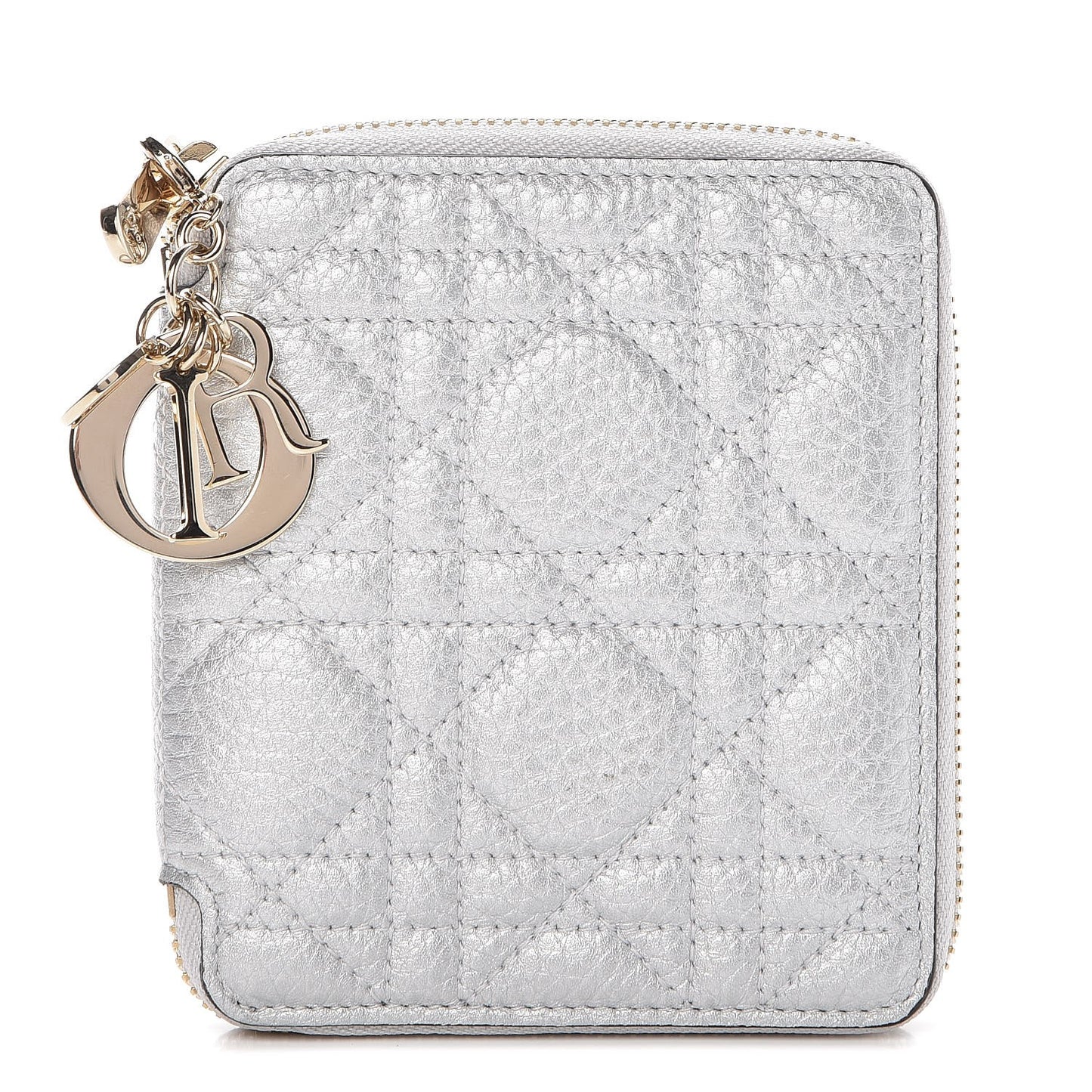 Metallic Calfskin Cannage Lady Dior Medium Wallet Silver