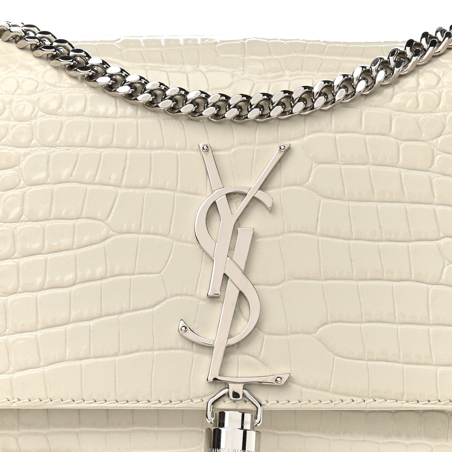 Calfskin Crocodile Embossed Small Classic Monogram Kate Tassel Satchel Blanc Vintage