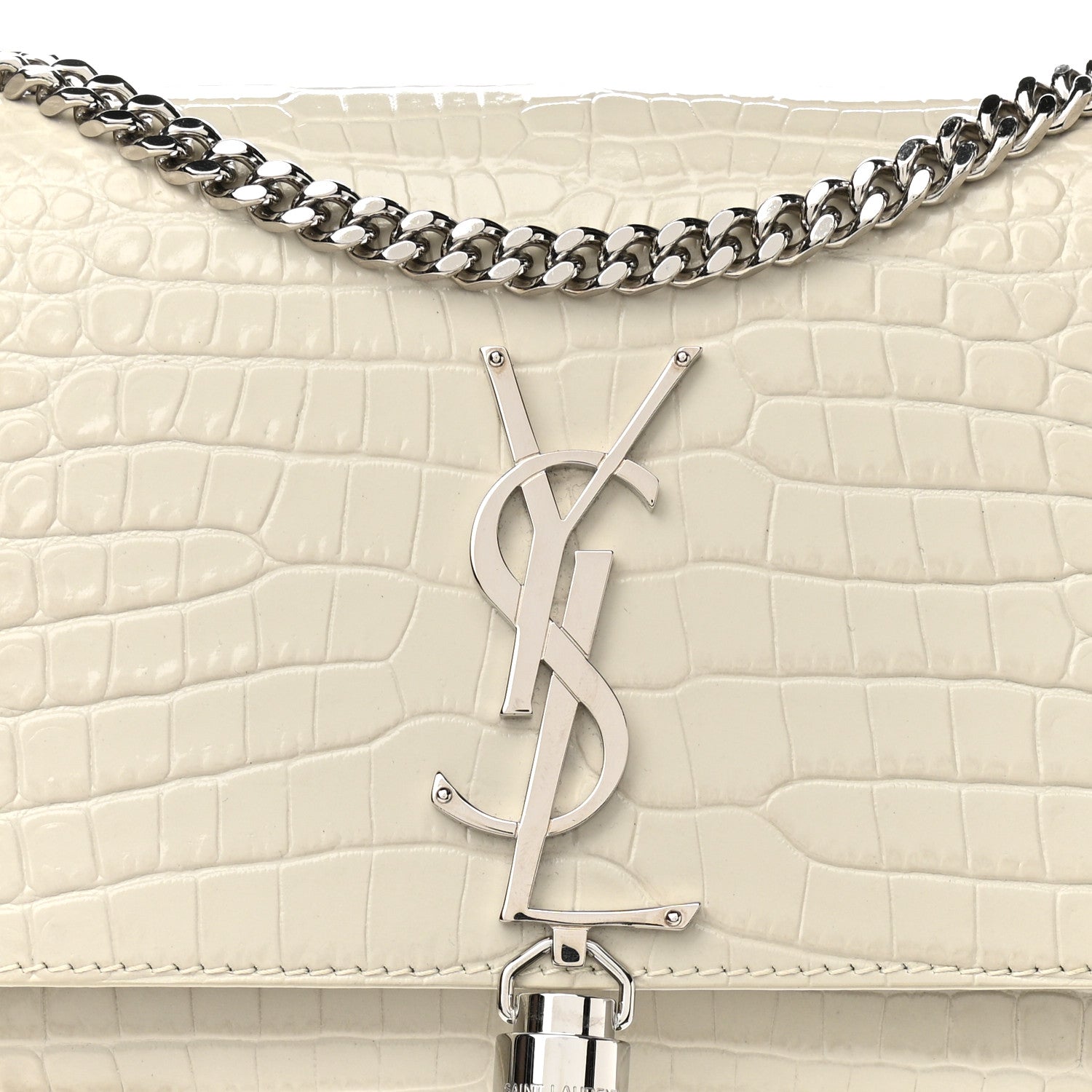 Saint Laurent Calfskin Crocodile Embossed Small Classic Monogram Kate Tassel Satchel Blanc Vintage 8 of 10