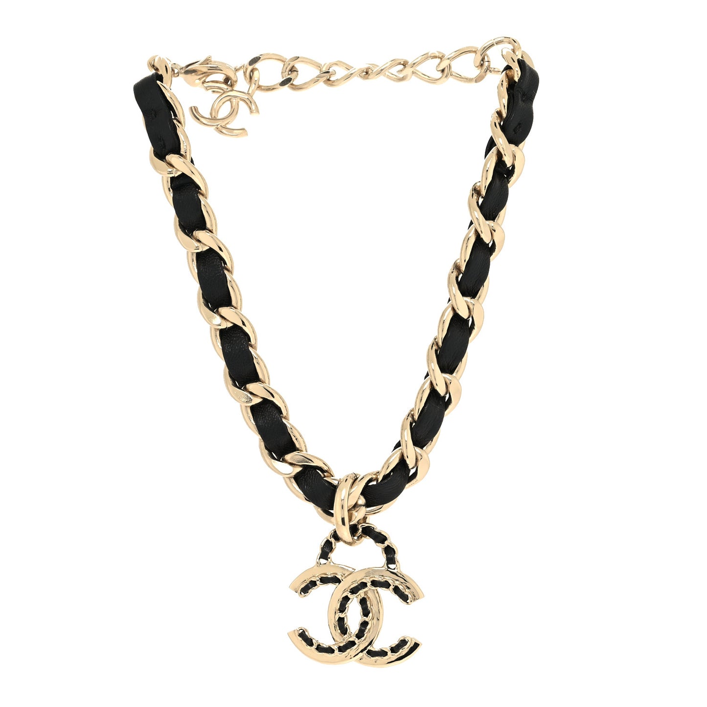 Metal Lambskin Chain CC Choker Necklace Black Gold