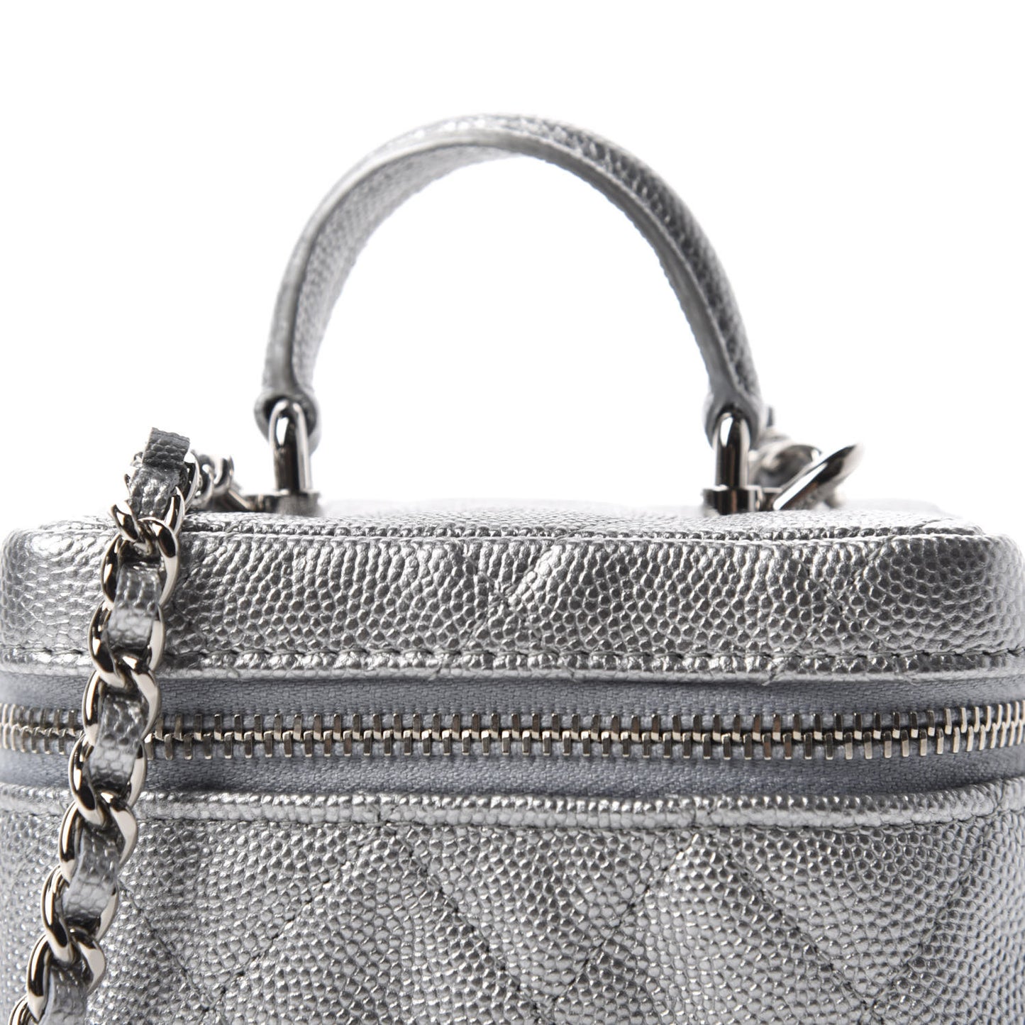 Metallic Caviar Quilted Mini Top Handle Vanity With Chain Silver