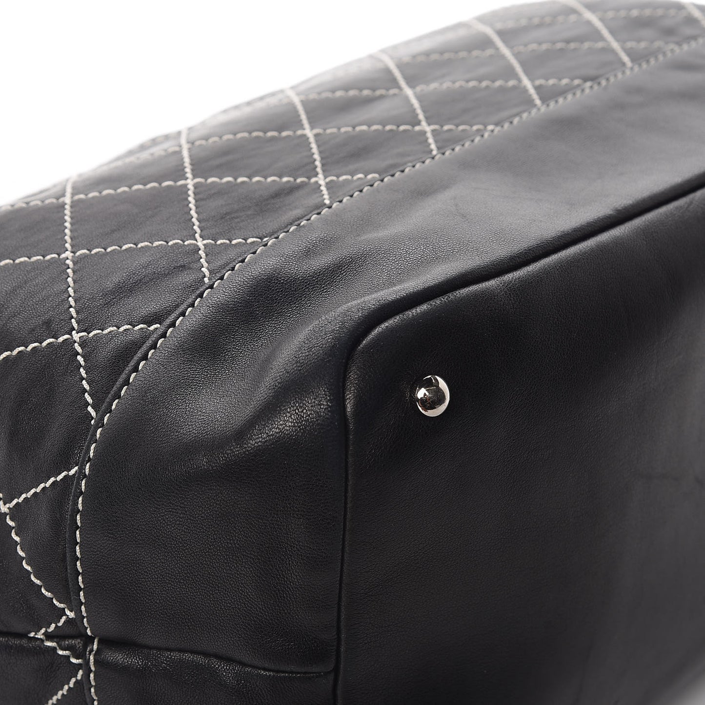 Lambskin Contrast Stitch Large Drawstring Tote Black