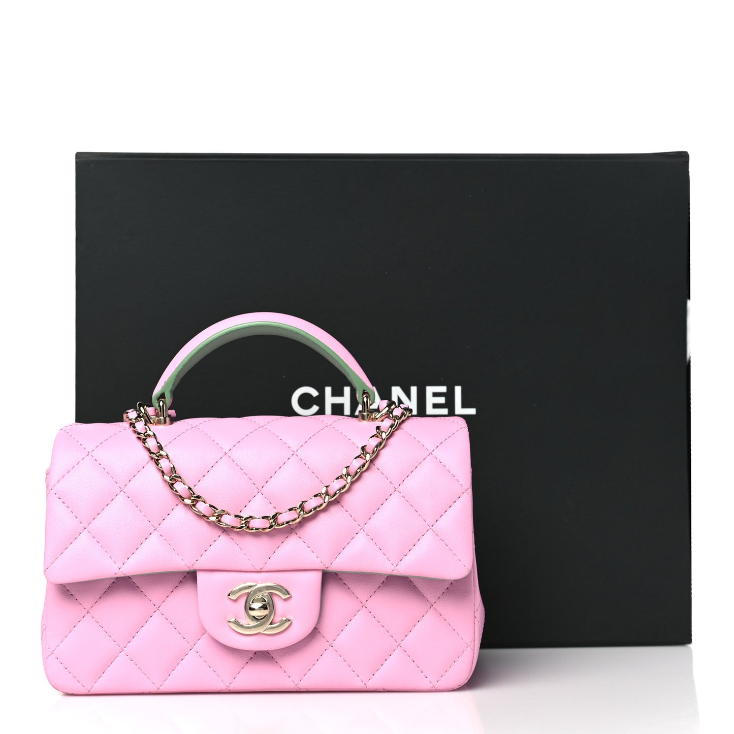 Lambskin Quilted Mini Top Handle Rectangular Flap Pink Green