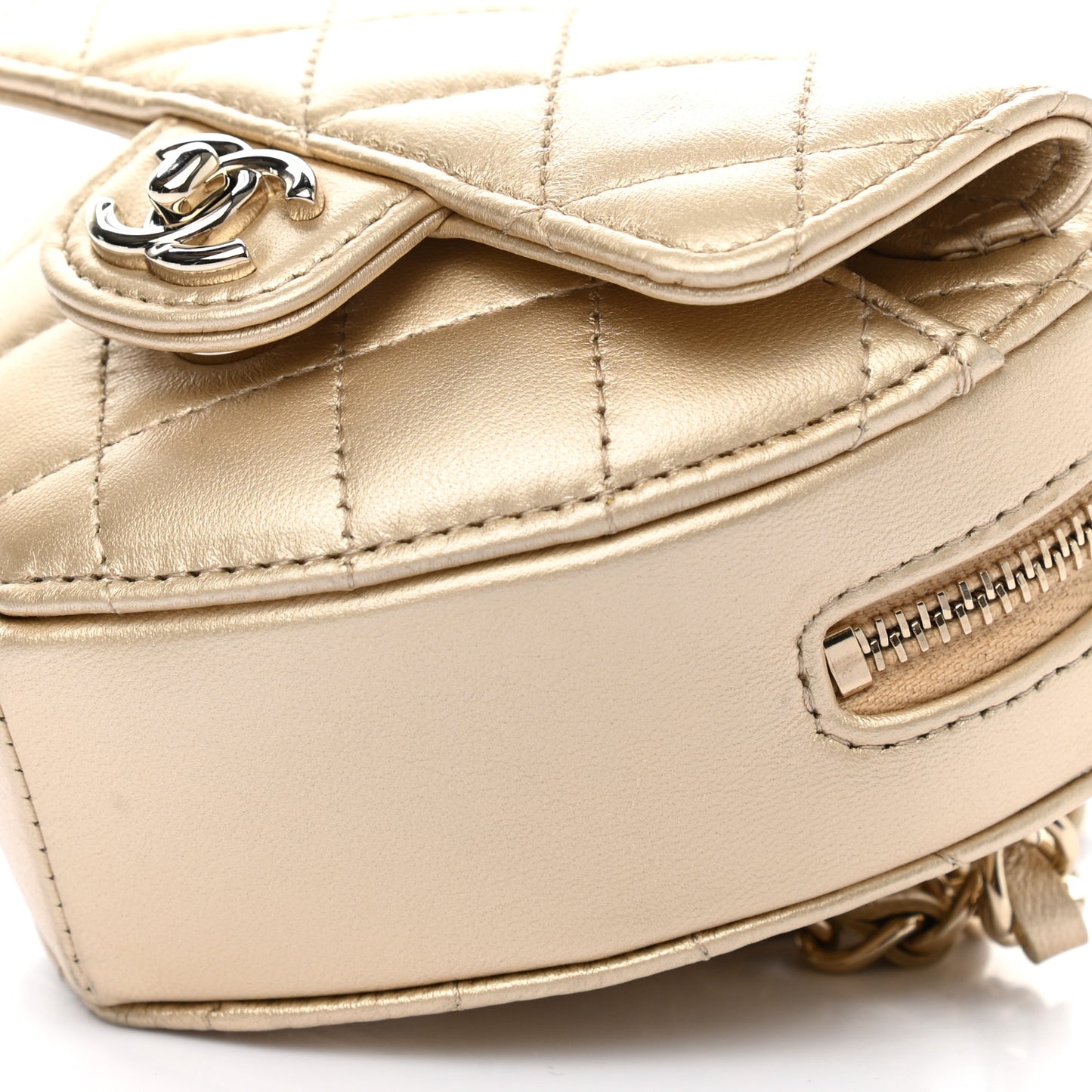 Metallic Lambskin Quilted CC In Love Heart Waist Belt Bag With Chain Gold