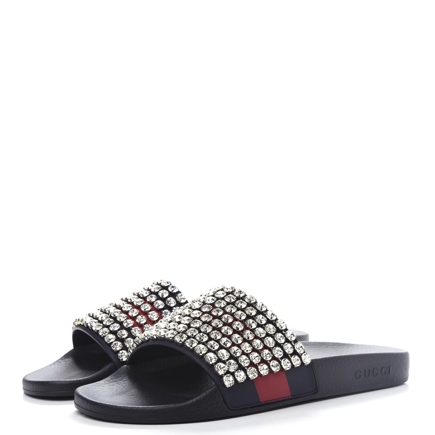 Gucci Calfskin Crystal Embellished Web Slide Sandals 42 Blue Red 3 of 11