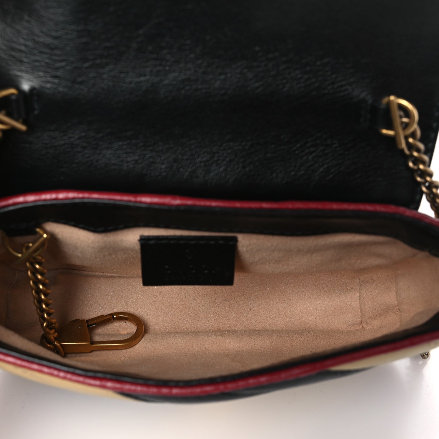 Vintage Effect Calfskin Matelasse Diagonal Striped Mini Torchon GG Marmont Shoulder Bag Black Beige