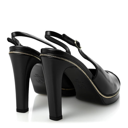 Chanel Lambskin Patent Calfskin Embellished Cap Toe CC Slingback Pumps 38 Black 5 of 9