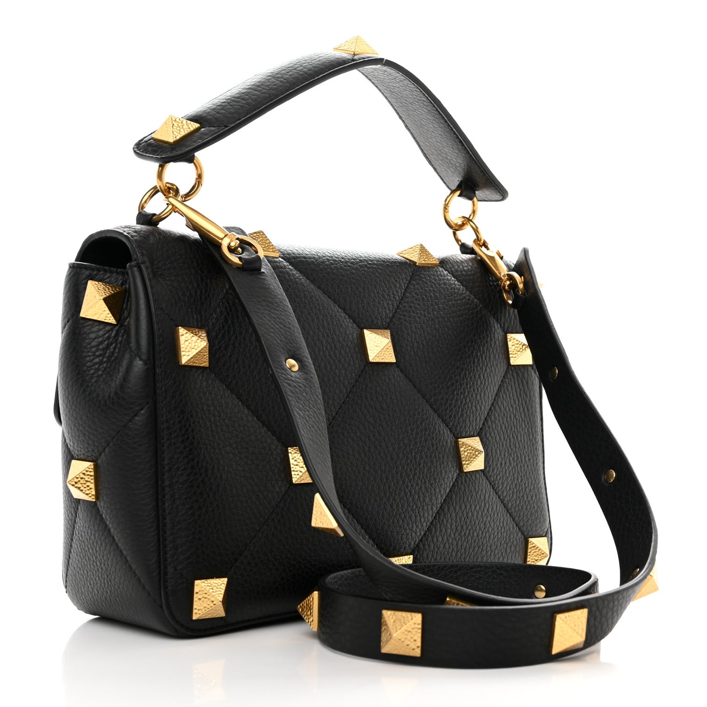 Grained Calfskin Large Roman Stud Shoulder Bag Black