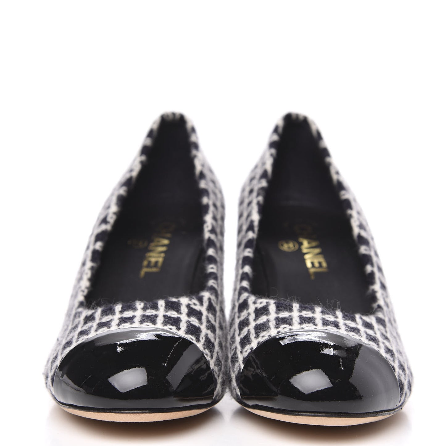 Tweed Grosgrain Cap Toe Logo Pumps 38.5 Black White Blue Pink