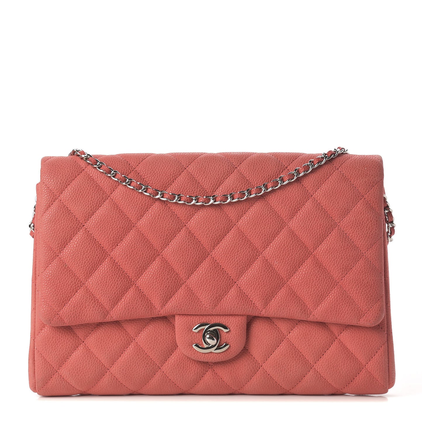 Iridescent Caviar Quilted Clutch With Chain Flap Coral