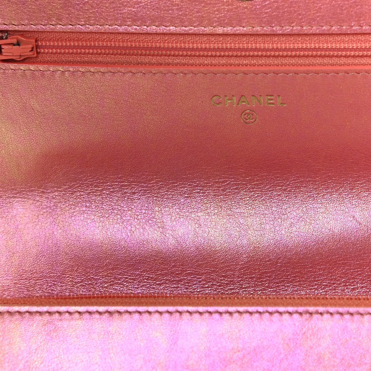Iridescent Calfskin Quilted Chanel 19 Wallet On Chain WOC Pink
