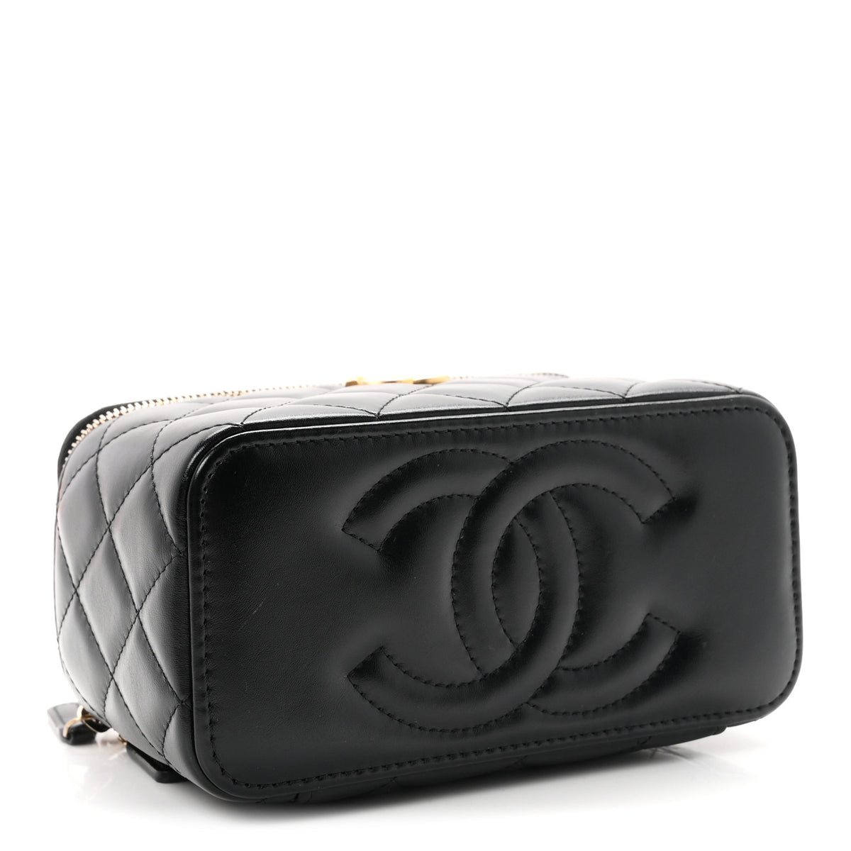 Shiny Calfskin Quilted Small Top Handle Vanity Case With Chain Black