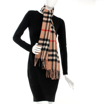 Burberry Cashmere Wool Classic Check Fringe Scarf Camel 2 of 3