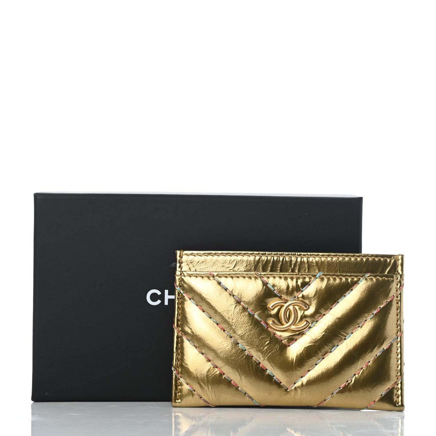 Metallic Calfskin Chevron Quilted Card Holder Gold