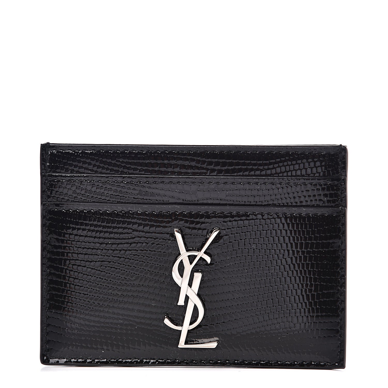 Saint Laurent Patent Tejus Lizard Calfskin Embossed Card Case Black 1 of 7