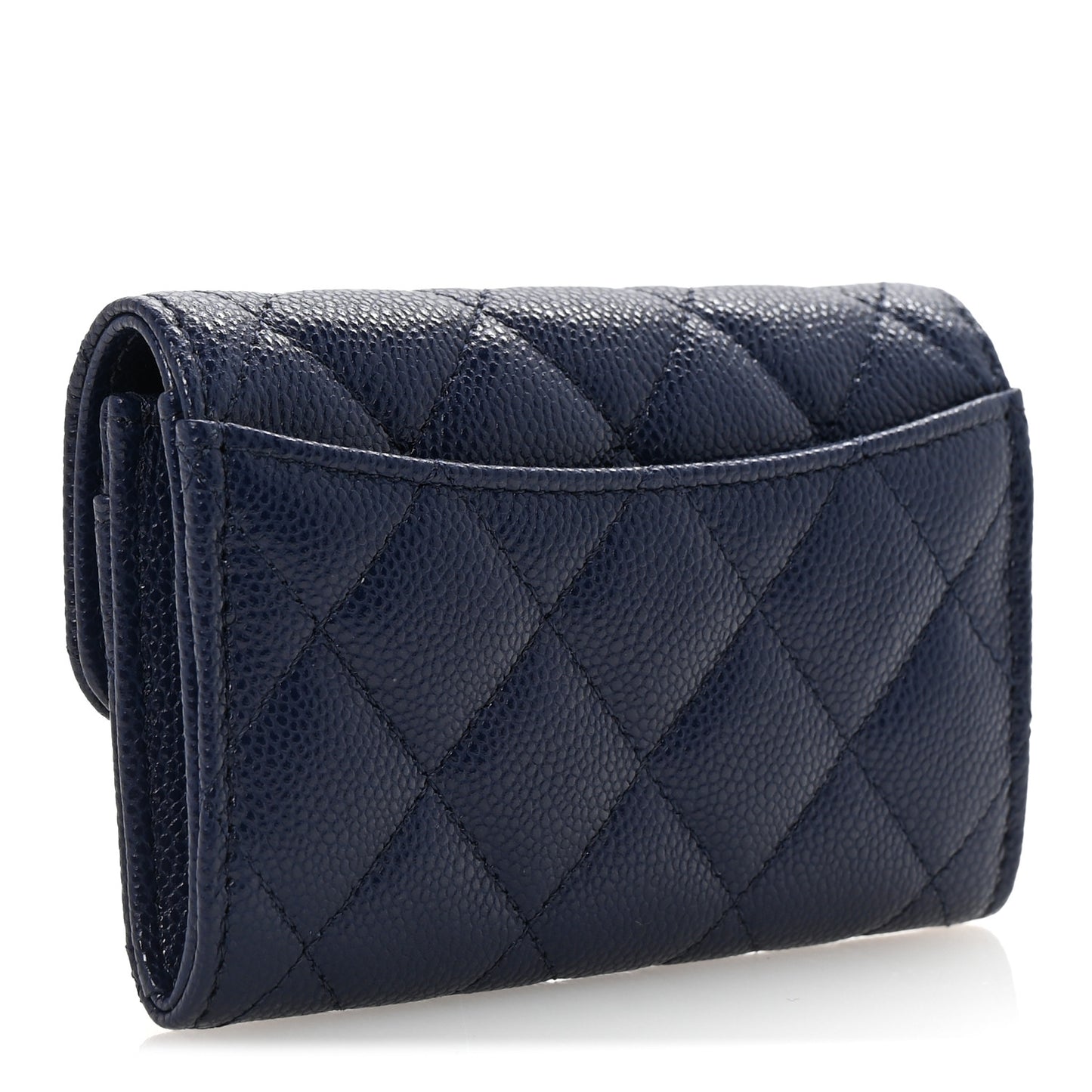 Caviar Quilted Flap Card Holder Wallet Navy Blue