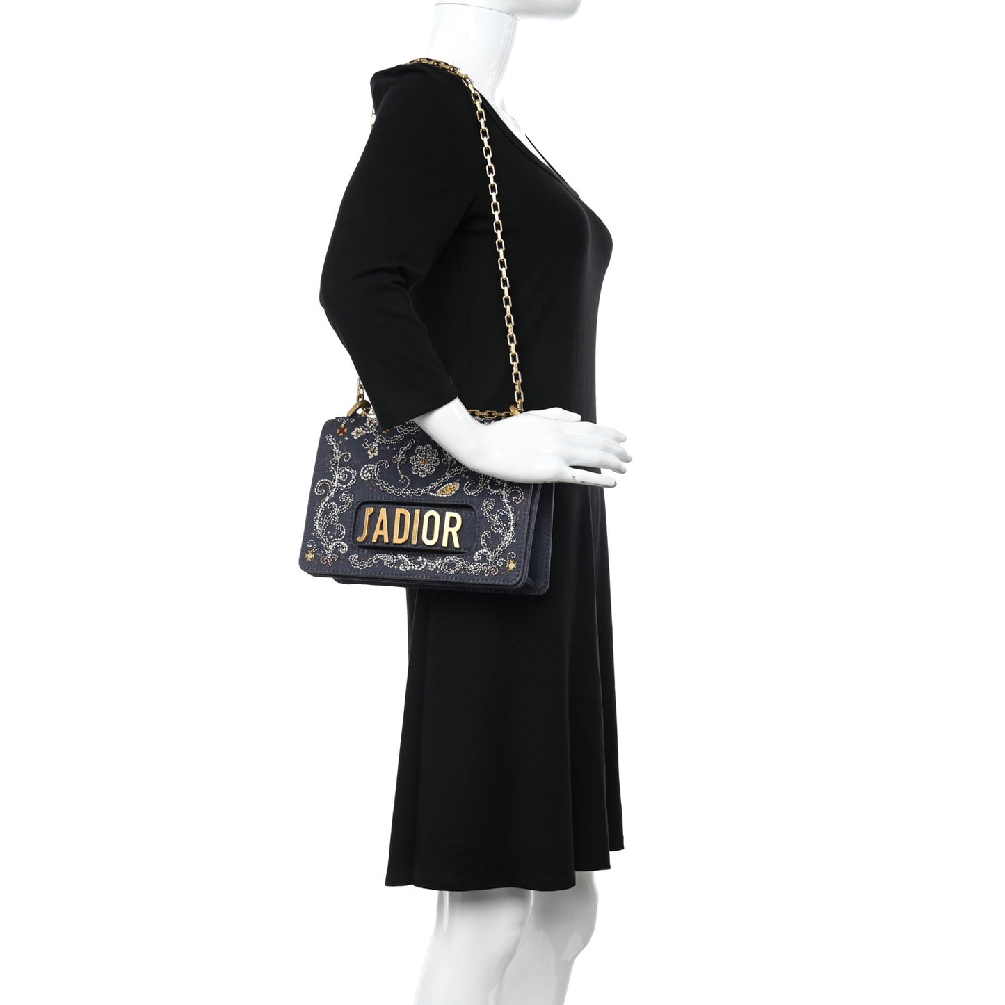 Denim Bead Embroidered J'Adior Chain Flap Bag Blue Multicolor