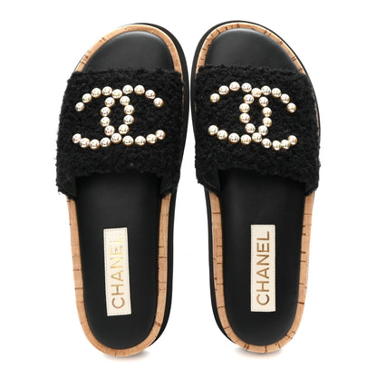 Chanel Fabric Pearl Cork CC Slip On Sandals 38 Black 2 of 10