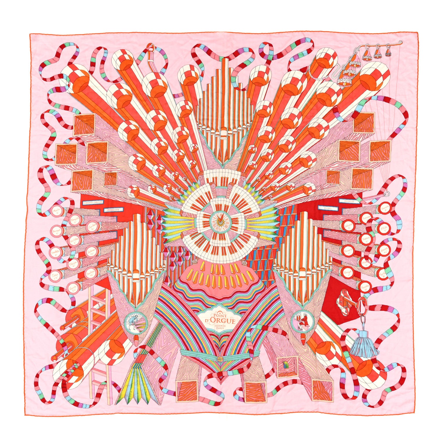 Hermes Cashmere Silk Point D'Orgue Shawl 140 Rose Pale Orange Vert 1 of 5