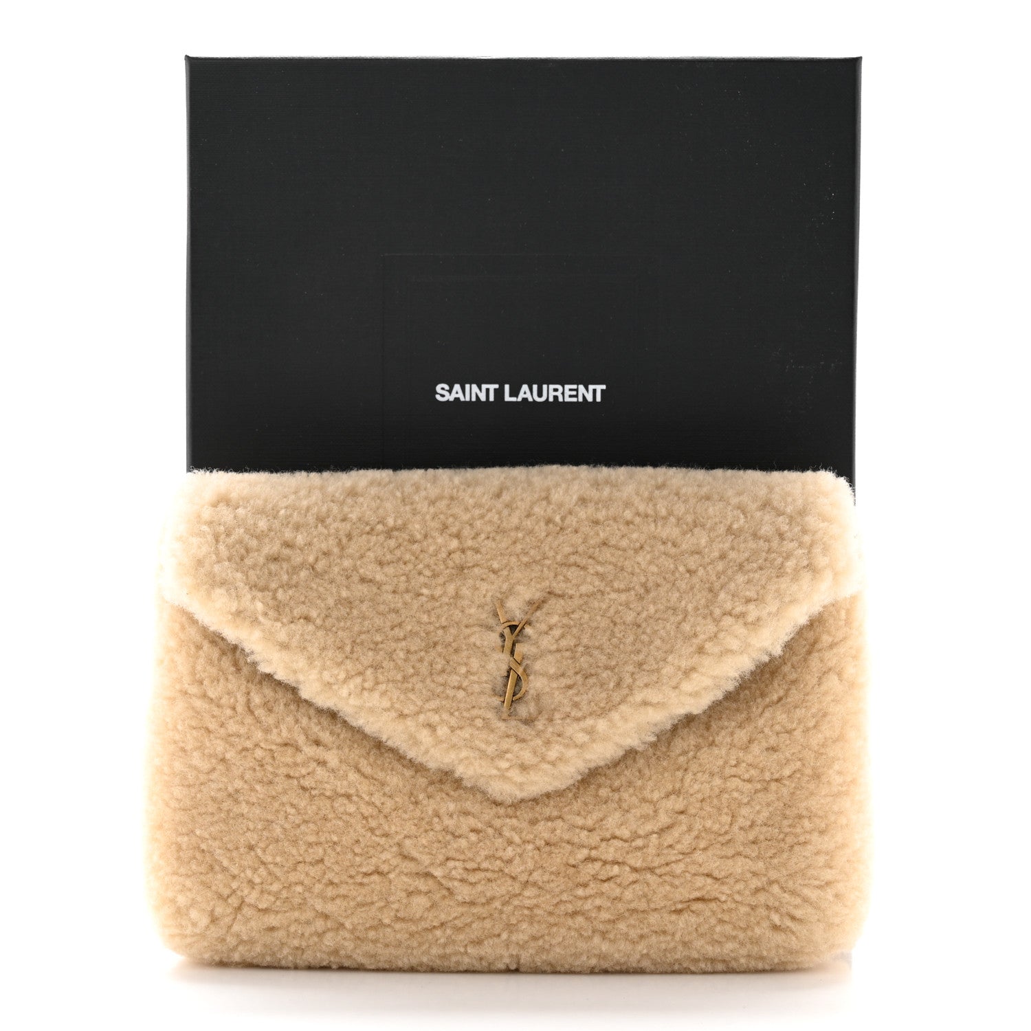 Saint Laurent Shearling Quilted Monogram Loulou Puffer Pouch Clutch Natural Beige Brick 13 of 13