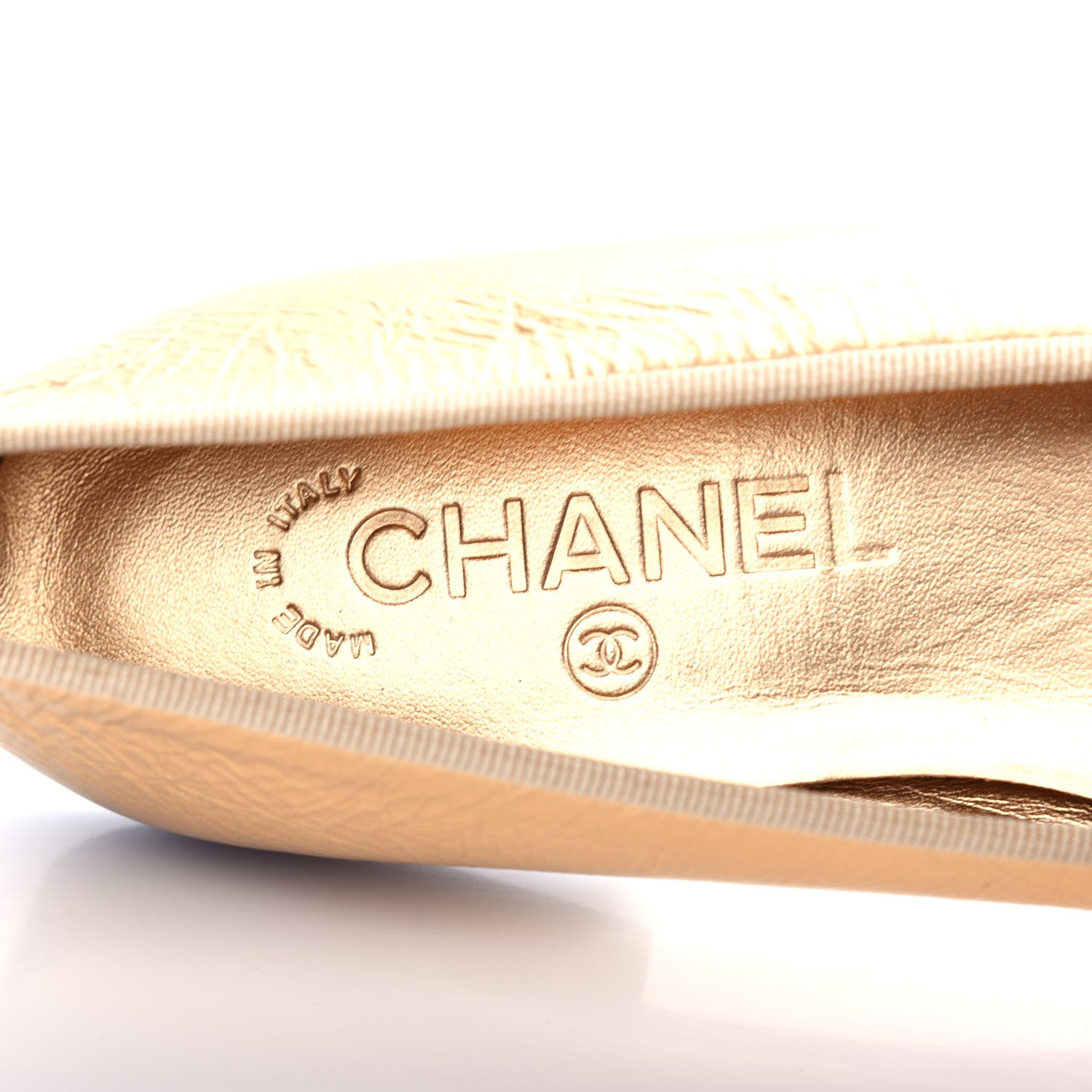 Chanel Metallic Calfskin Grosgrain Cap Toe CC Ballerina Flats 37.5 Gold 8 of 11