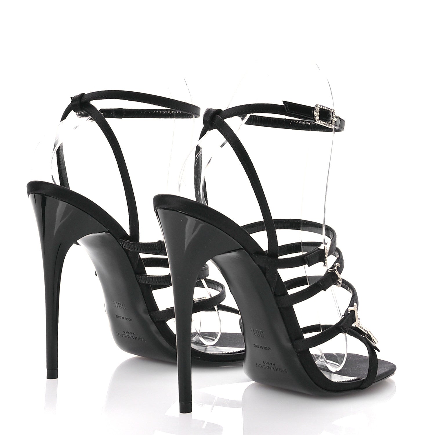 Saint Laurent Crepe Satin Crystal Logo Jerry 110 Ankle Strap Sandals 38.5 Black 5 of 8