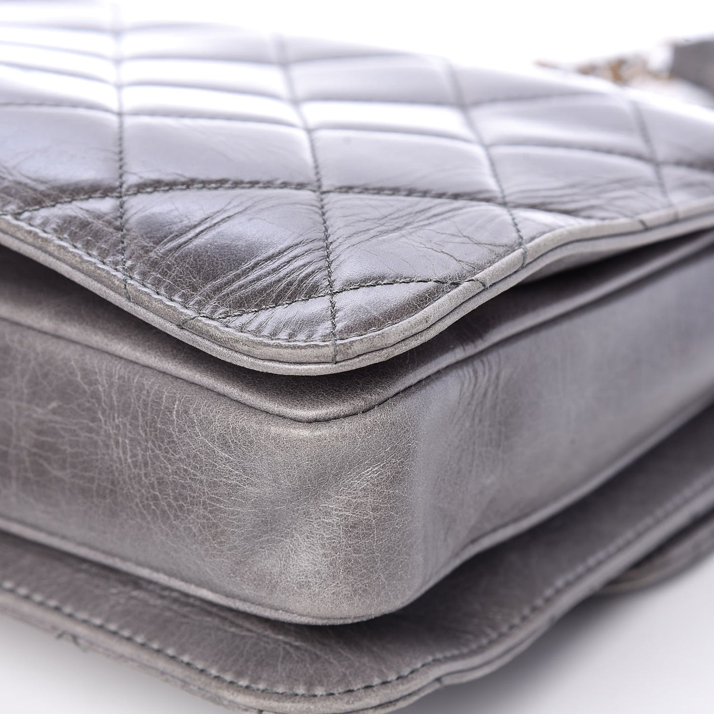 Glazed Calfskin Quilted Large Perfect Edge Flap Grey