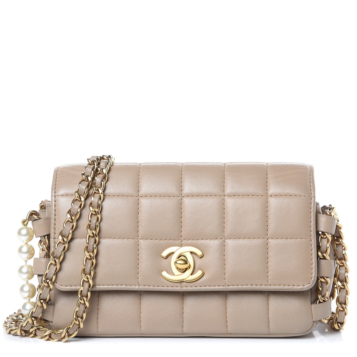 Lambskin Extra Mini Chocolate Bar Pearl Chain Flap Beige