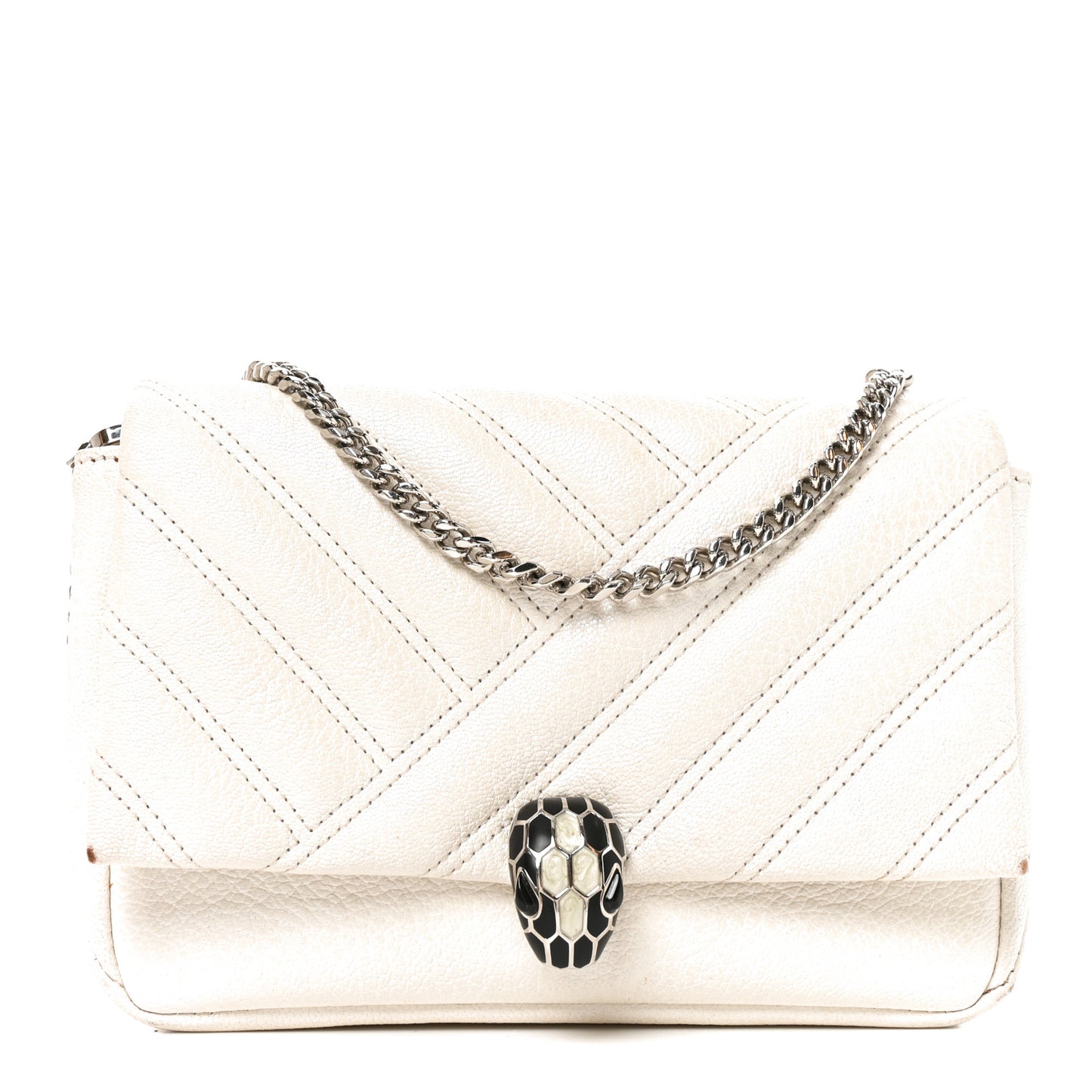 Iridescent Calfskin Matelasse Serpenti Cabochon Shoulder Bag White