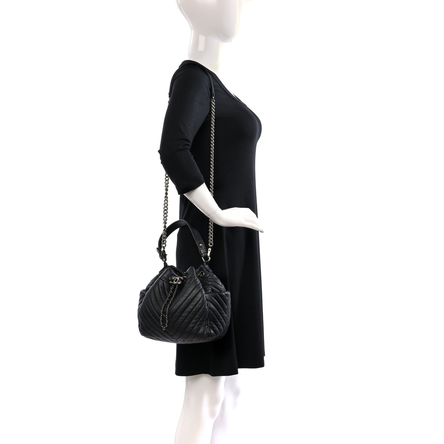 Deerskin Chevron Small CC Chain Bucket Drawstring Bag Black