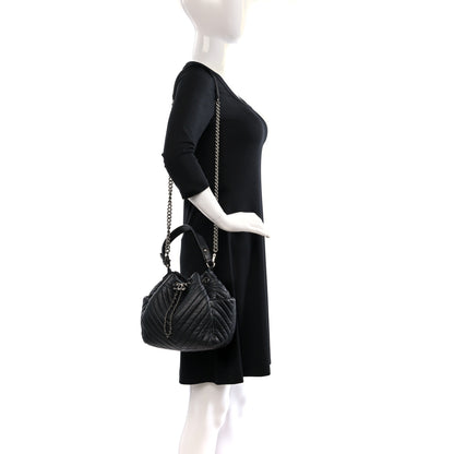 Chanel Deerskin Chevron Small CC Chain Bucket Drawstring Bag Black 2 of 8