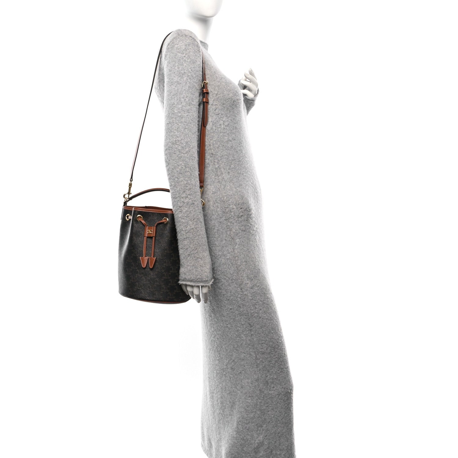 Celine Triomphe Canvas Calfskin Clara Drawstring Bucket Bag Tan 2 of 10