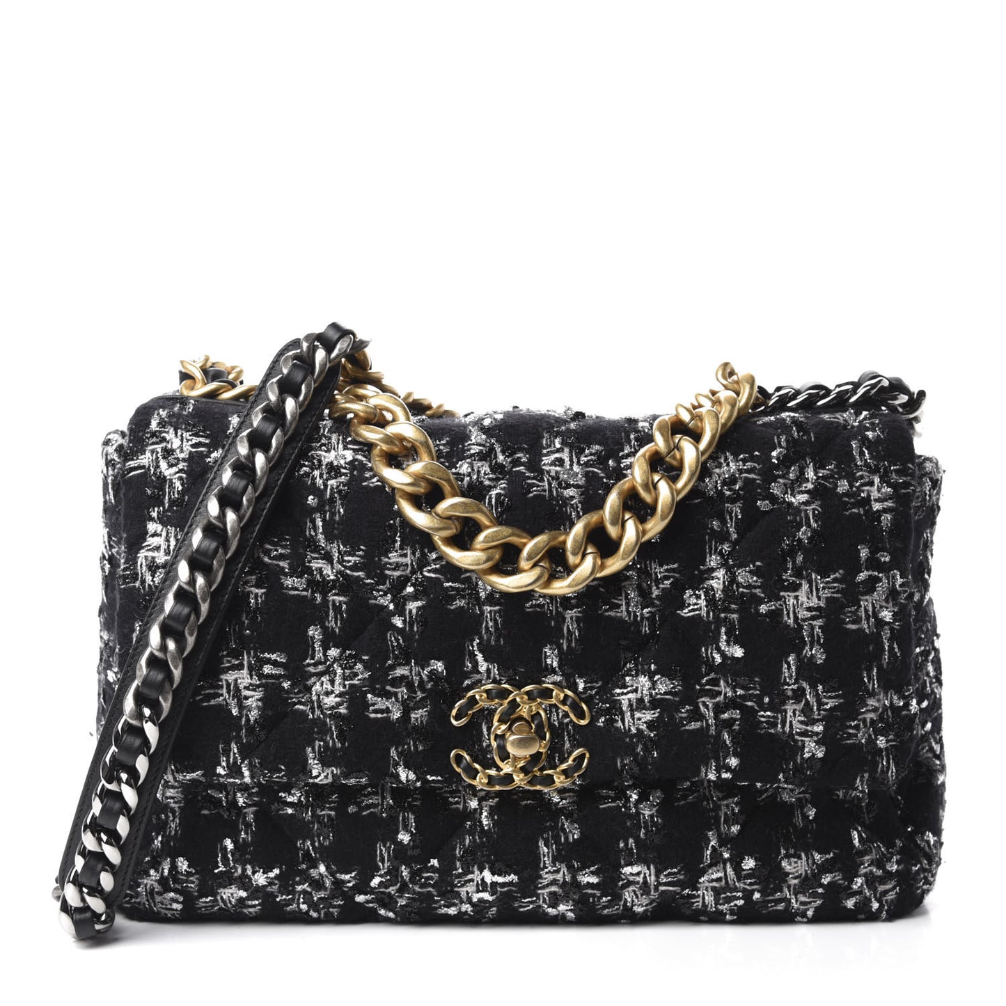 Tweed Quilted Large 19 Flap Black Ecru White