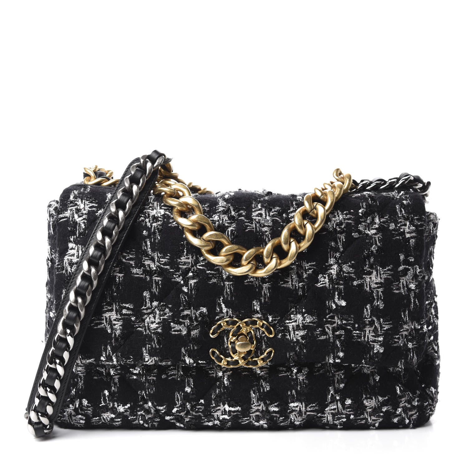 Chanel Tweed Quilted Large 19 Flap Black Ecru White 1 of 10